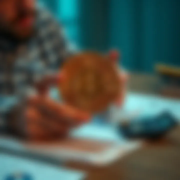 Person analyzing Bitcoin for a loan application, with financial documents and a calculator on the table