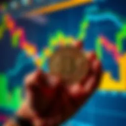 A person holding a physical Bitcoin with a backdrop of financial charts and graphs, symbolizing long-term investment in Bitcoin.