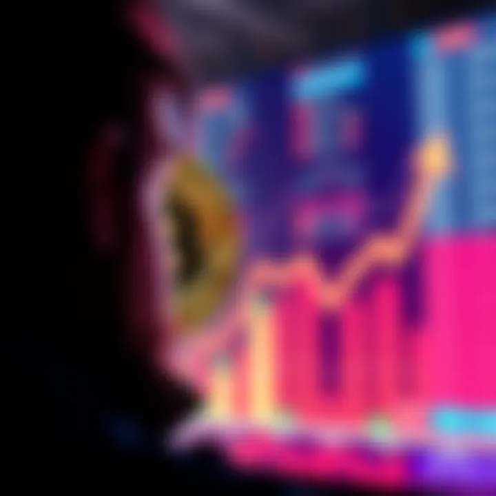 A person looking at a digital representation of the Bitcoin logo, with upward market trends in the background.