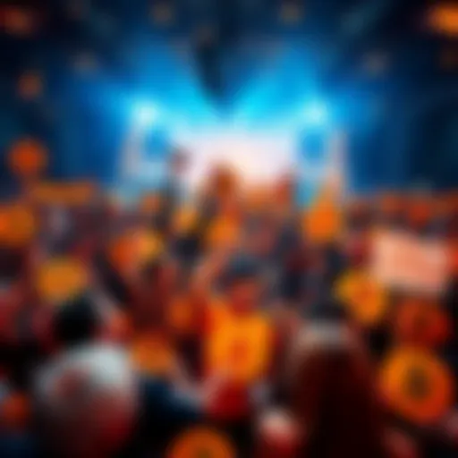 A large group of Bitcoin enthusiasts gathered, smiling and holding Bitcoin signs and banners, celebrating a milestone event.