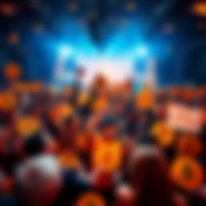 Bitcoin Community Celebration A large group of Bitcoin enthusiasts gathered, smiling and holding Bitcoin signs and banners, celebrating a milestone event.