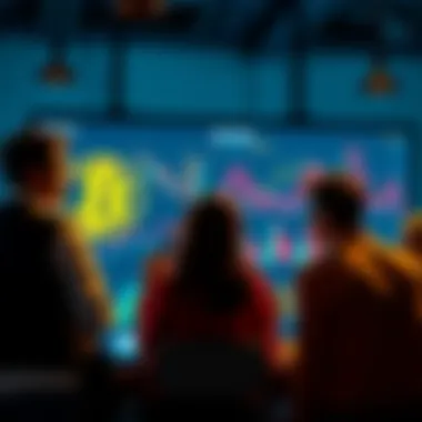 A group of people engaged in a discussion about Bitcoin, sharing ideas and insights, with charts and graphs displayed on a screen in the background.