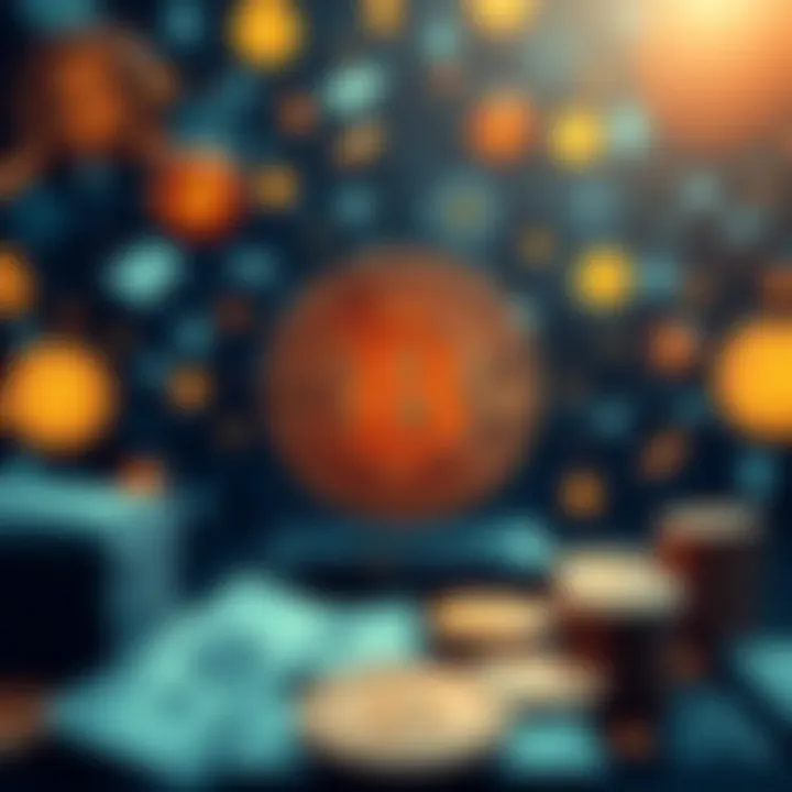 A visual representation of Bitcoin as digital currency with numbers and symbols floating on a screen, surrounded by traditional money icons.