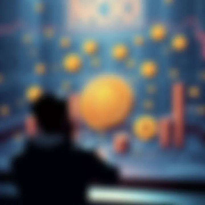 A graphic showing Bitcoin symbols and a person contemplating its value.