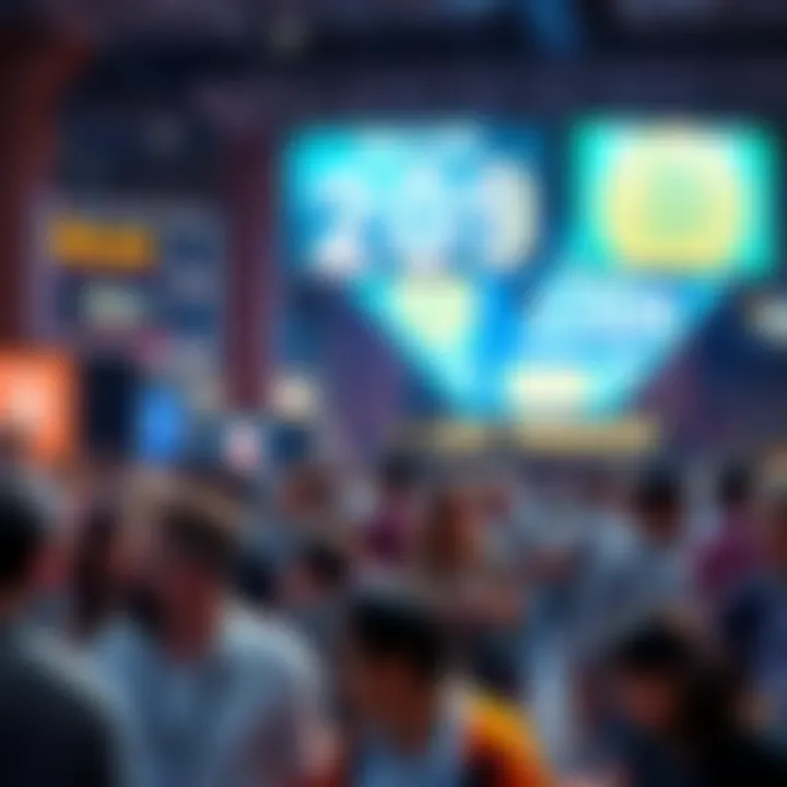 A lively scene of people interacting at the Bitcoin 2026 Conference, showcasing diverse attendees sharing ideas and experiences