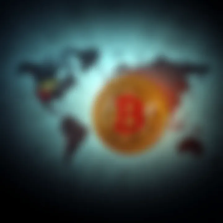 Bitcoin Symbol Against War Background Bitcoin symbol stands out in front of a distressed global map representing ongoing conflicts.