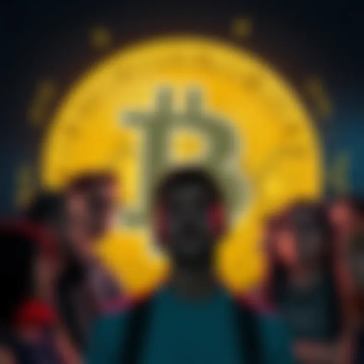 Bitcoin Symbol with Confused People A group of people looking puzzled while discussing the Bitcoin symbol in the background, representing confusion about cryptocurrency hype.