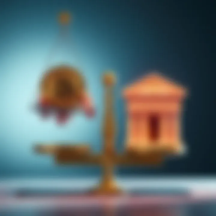 A person weighing a Bitcoin symbol on one side and a bank on the other, representing the choice between self custody and using Bitcoin products.