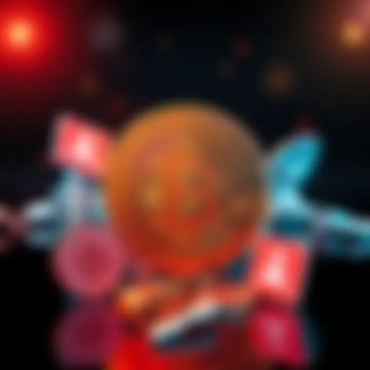 A Bitcoin symbol surrounded by images of scams and ransomware icons, highlighting its controversial nature