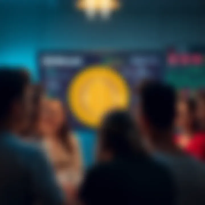 A group of diverse people engaged in a lively discussion about Bitcoin, with a Bitcoin logo visibly displayed on a screen in the background.