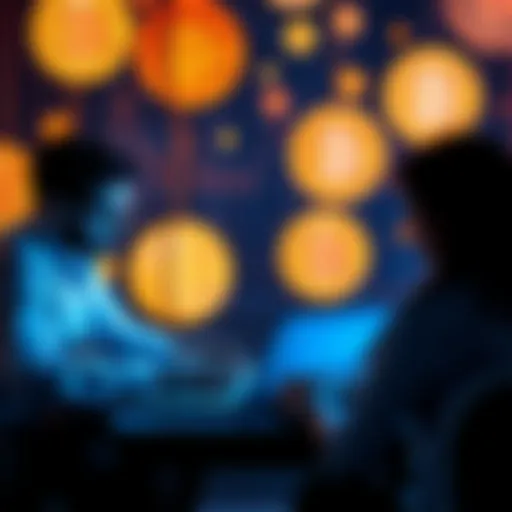 A group of developers discussing governance issues on a laptop with Bitcoin logos in the background.