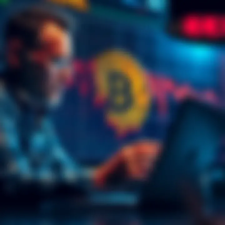 Graph showing sharp decline of Bitcoin price with an overlay of a distressed investor looking at financial news on their laptop.