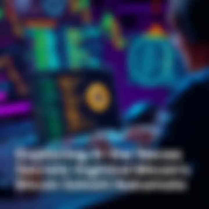 A person sitting at a desk, typing on a laptop with Bitcoin symbols on the screen, representing the creation of cryptocurrency