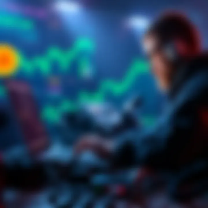 A miner reviewing Bitcoin data on a laptop, with a visual representation of credit and finance in the background.