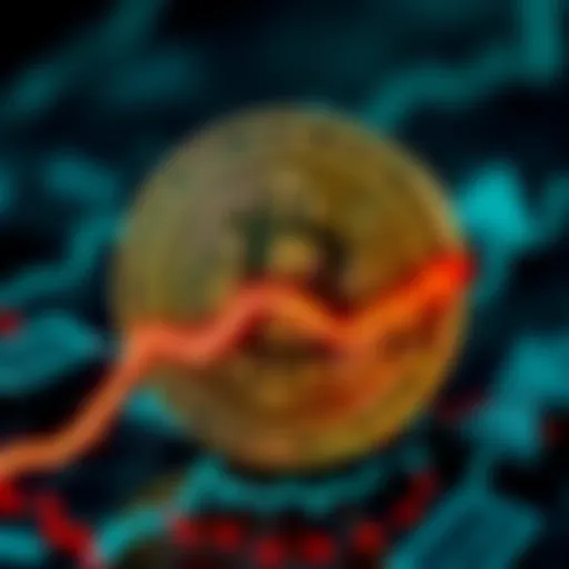 A visual of Bitcoin symbol with a downward trend line and warning signs, representing potential price drops and scams in cryptocurrency.
