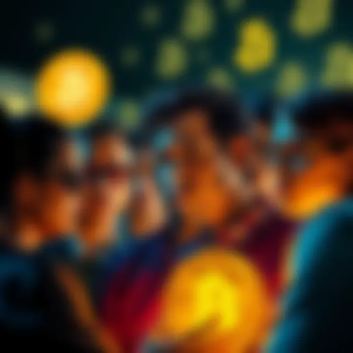 A group of diverse people discussing their differing opinions on Bitcoin, some showing frustration while others appear open-minded, with Bitcoin symbols in the background.