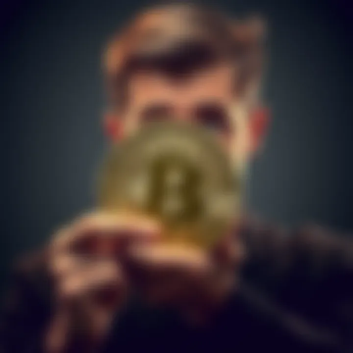 A person looking concerned while holding a Bitcoin symbol, depicting skepticism towards cryptocurrency without investing.