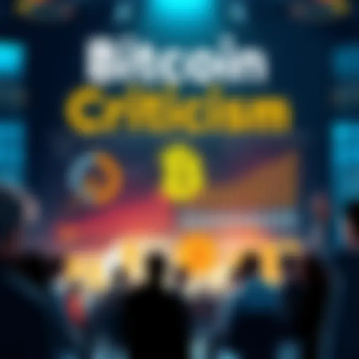 A visual representation of a discussion on Bitcoin's use cases, featuring charts and graphs highlighting its criticisms and benefits, surrounded by people engaged in conversation.