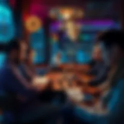 A group of people discussing Bitcoin and cryptocurrency trends at a café with laptops and notepads