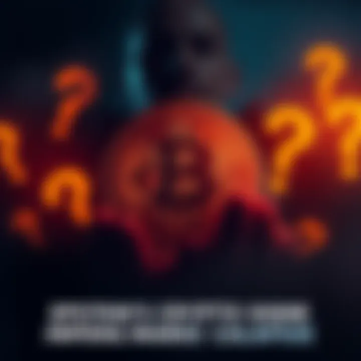 Bitcoin symbol with dark background Bitcoin symbol surrounded by shadows and question marks representing turmoil in the crypto market