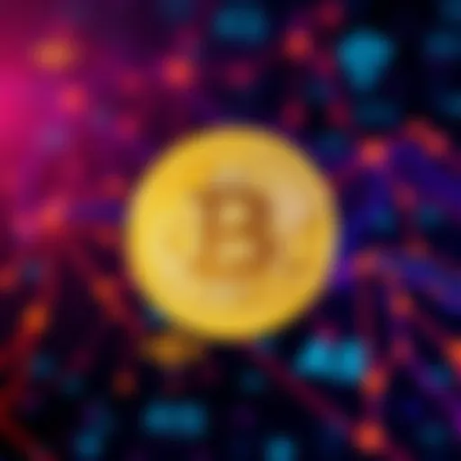 A Bitcoin symbol in gold color with a digital background showing blockchain elements.