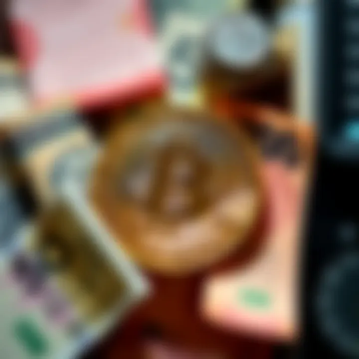 A Bitcoin symbol surrounded by various traditional currency notes, representing the comparison between Bitcoin and conventional money.