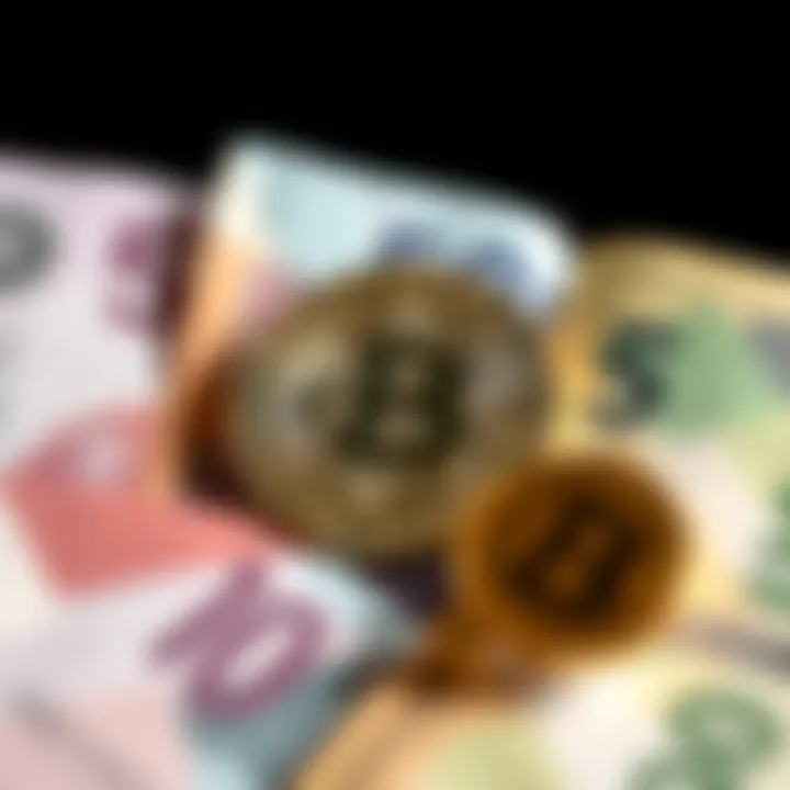 A Bitcoin symbol placed next to different currency notes, representing the idea of digital currency versus traditional money.
