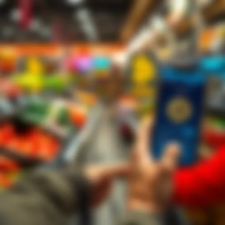 A person paying for groceries with a smartphone showing a Bitcoin wallet app.