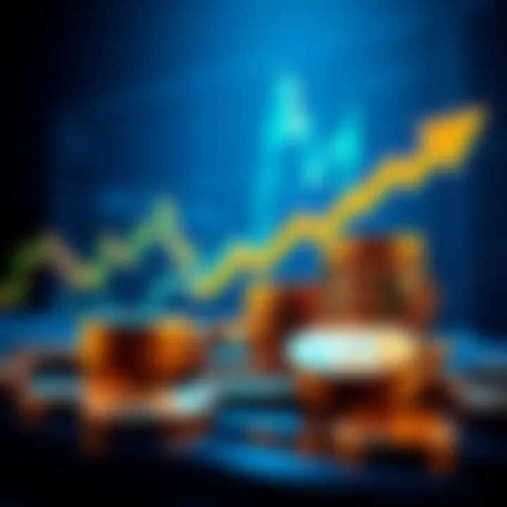 Bitcoin dollar-cost averaging concept Graph showing Bitcoin price trend with an upward arrow and coins representing dollar-cost averaging investment strategy.
