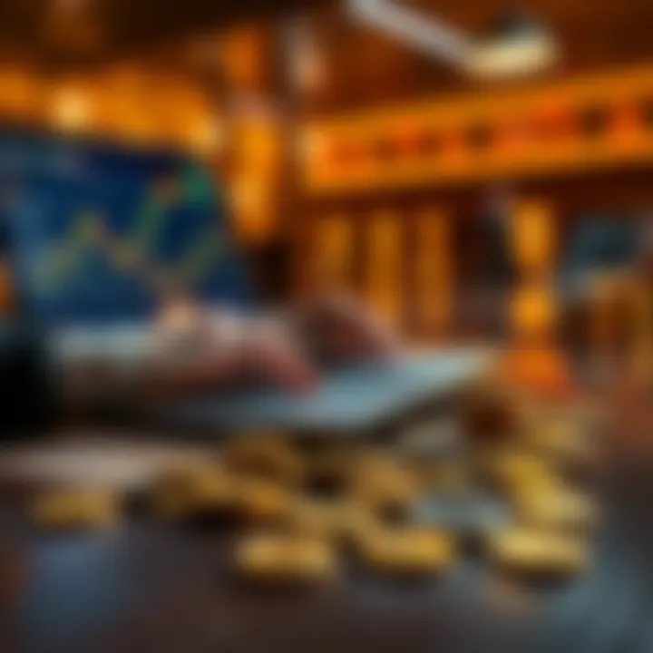 A person analyzing Bitcoin prices on a laptop while coins are scattered on a table, illustrating investment strategies.