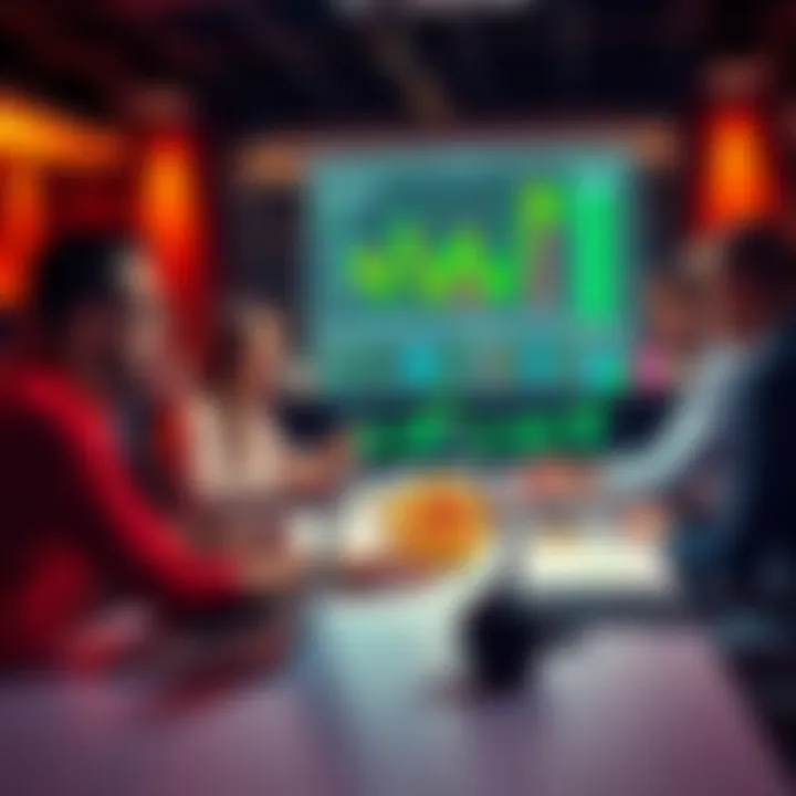 A group of people discussing Bitcoin investment strategies around a table with charts and laptops