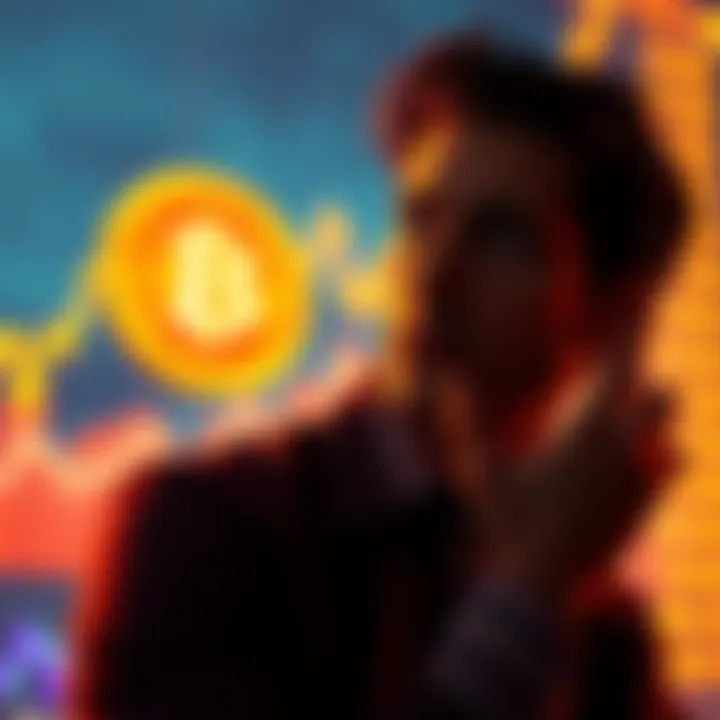 A person pondering over Bitcoin investment with a graph showing market trends in the background