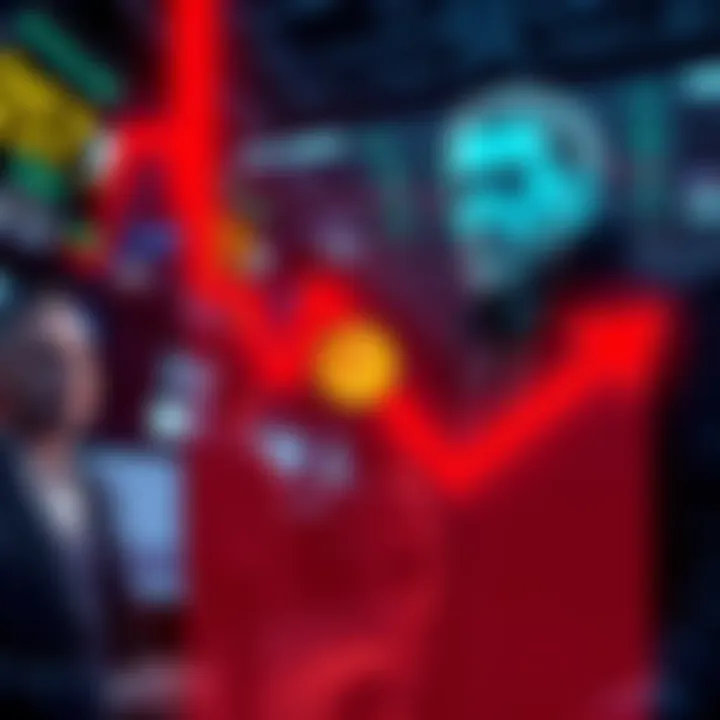 A graph showing Bitcoin's value sharply dropping towards zero, with a red downward arrow indicating a significant loss. Traders are seen looking concerned.