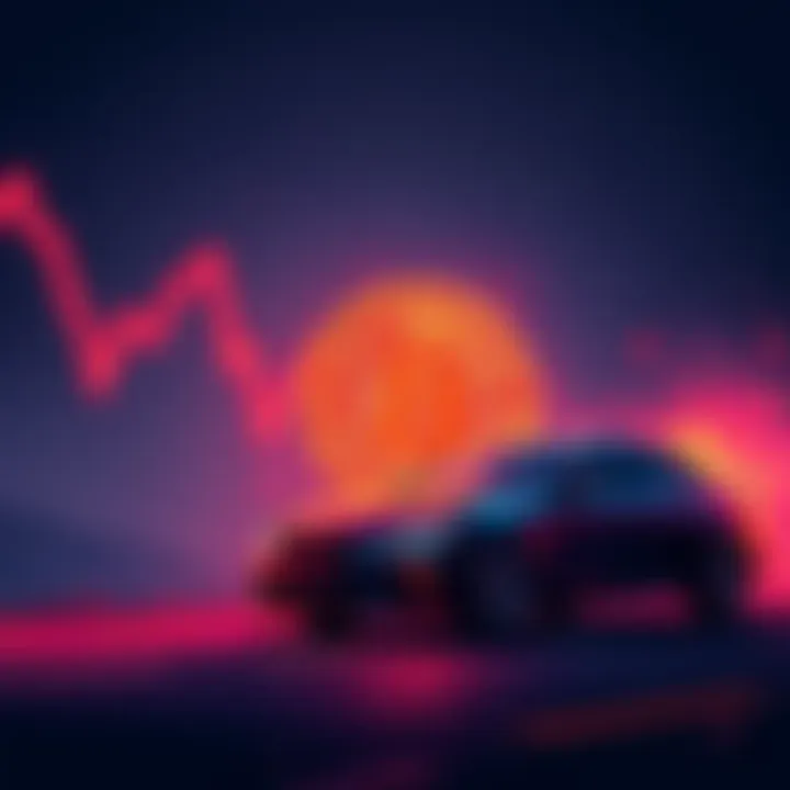 A downward trend line on a graph representing Bitcoin's falling value, with a car losing value beside it.