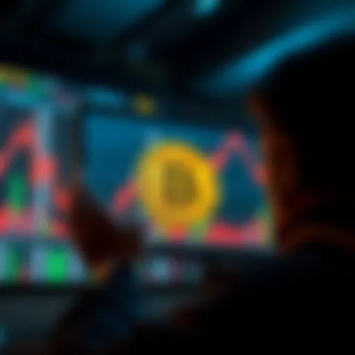 A person looking at a Bitcoin chart showing a downward trend, preparing to buy more Bitcoin as prices drop.