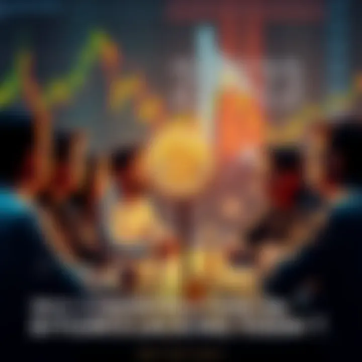 A group of people engaging in a conversation about Bitcoin and decentralized finance, with charts and graphs in the background showing market trends.