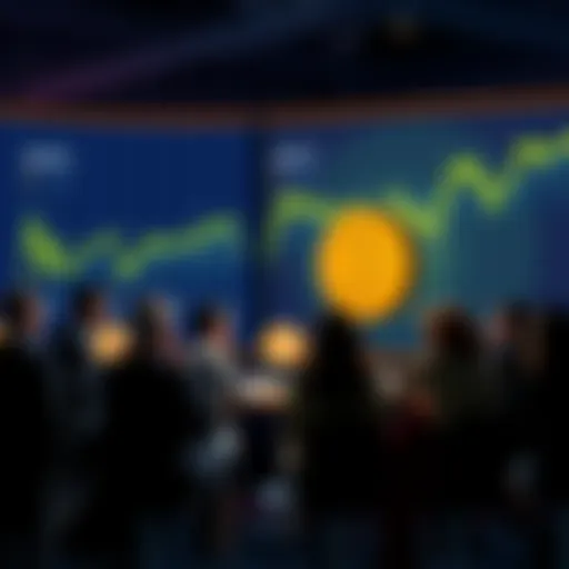 A gathering of people discussing Bitcoin and economic theories, with charts showing deflationary trends in the background.