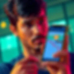 A person holding a smartphone displaying a Bitcoin chart showing a dip, with a thoughtful expression while considering the investment, next to a $50 bill.