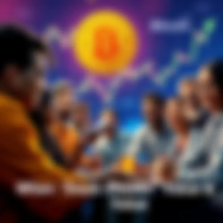 A group of diverse people engaging in a lively discussion about Bitcoin, with charts and graphs in the background illustrating Bitcoin's value trends.