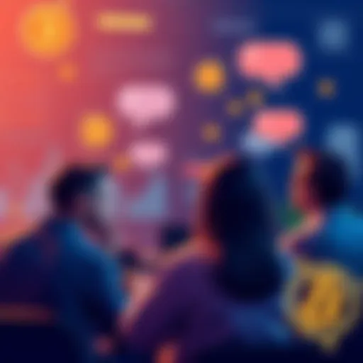 Bitcoin Discussion A group of people sharing thoughts about Bitcoin on a user board, with chat bubbles and cryptocurrency symbols around them.