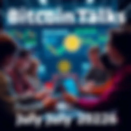People engaging in a discussion about Bitcoin with laptops and mobile devices