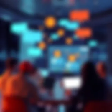 A virtual gathering of people discussing Bitcoin topics online with chat bubbles and laptops