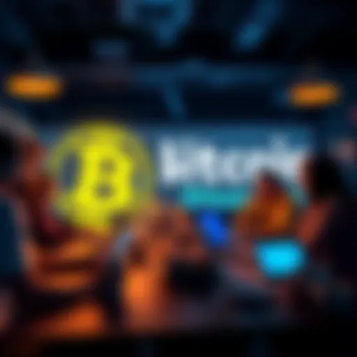 A group of people discussing Bitcoin with laptops and coffee, engaging in conversation in an online forum setting