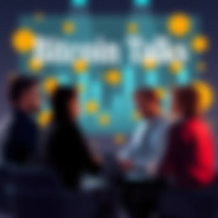 A group of people engaging in a conversation about Bitcoin, sharing insights and asking questions, with a laptop and Bitcoin symbols in the background