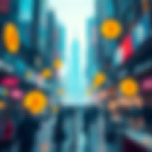 A futuristic city where Bitcoin symbols replace traditional currency signs, with people trading crypto in a lively market