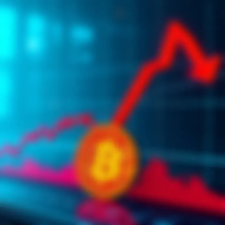 Bitcoin price chart with downward trend A chart showing Bitcoin's price declining, with a focus on red arrows indicating a downturn, symbolizing tension in the crypto community.
