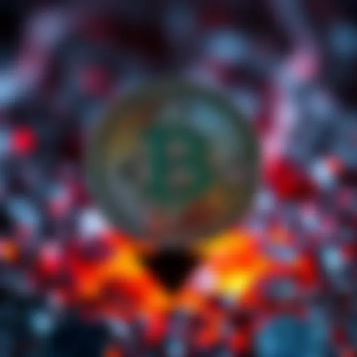 Bitcoin Symbol with Downward Arrow Bitcoin symbol surrounded by a downward arrow, indicating falling inflation rates and its impact on value.