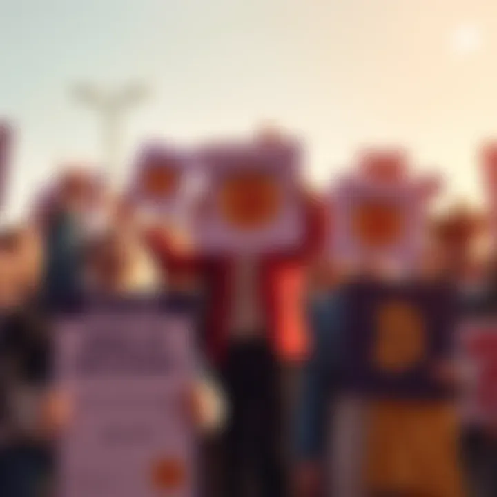 Support for Bitcoin Emoji Petition A group of people holding signs to support the Bitcoin Emoji petition, showing excitement for cryptocurrency