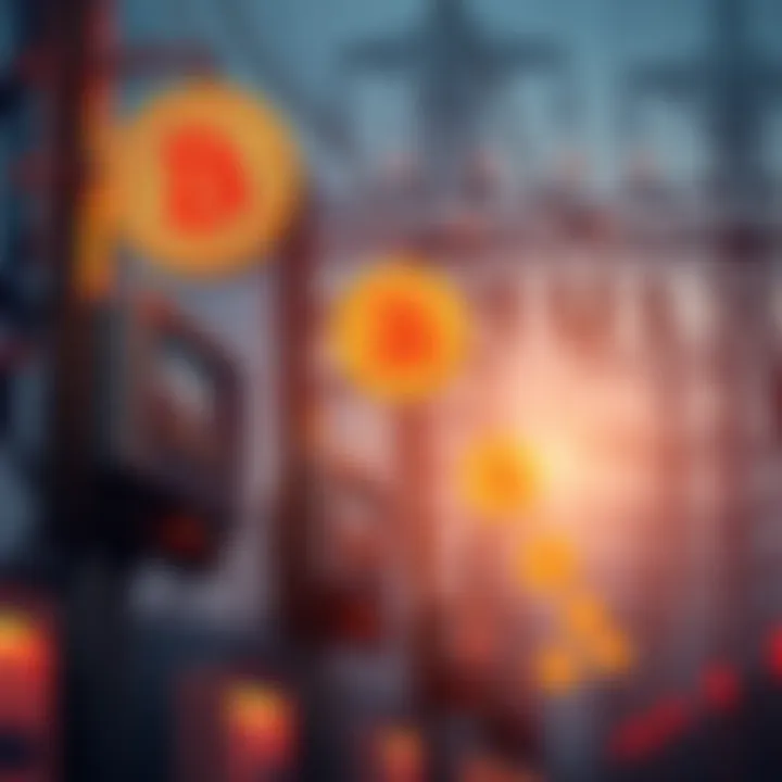 Bitcoin and Energy Cost A visual representation showing Bitcoin symbols alongside power lines and energy meters, illustrating the connection between Bitcoin mining and energy consumption.
