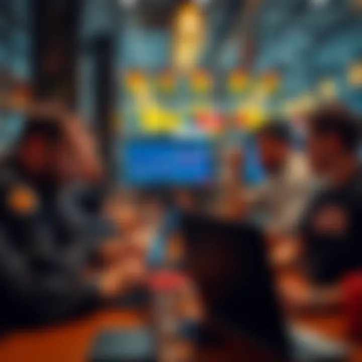 Bitcoin Enthusiasts Gathering A group of bitcoin traders discussing trends and values at a coffee shop, with laptops open and charts visible on screens.